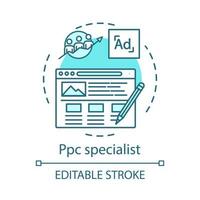 PPC-Spezialisten-Konzept-Symbol. Copywriting-Idee dünne Linie Illustration. digitales Marketing. kontextbezogene Anzeigen. SEO-Manager. Onlinewerbung. Ausrichtung. Vektor isoliert Umrisszeichnung. editierbarer Strich