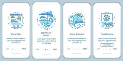 Cruise Onboarding Mobile App Seitenbildschirm Vektorvorlage. Angebote, Last-Minute-Kreuzfahrten, Rabatte, Buchung. Walkthrough-Website-Schritte mit linearen Illustrationen. ux, ui, gui smartphone-schnittstellenkonzept vektor