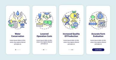 Smart Farming Vorteile beim Onboarding des Bildschirms der mobilen App. Walkthrough zur Wassereinsparung 4 Schritte grafische Anleitungsseiten mit linearen Konzepten. ui, ux, gui-Vorlage. Unzählige pro-fette, normale Schriftarten werden verwendet vektor
