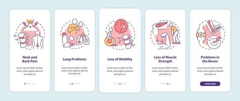 Körperliche Probleme bei der Behandlung des Onboarding-Bildschirms der mobilen App. Walkthrough für das Gesundheitswesen 5 Schritte, grafische Anweisungen mit Konzepten. ui, ux, gui-vektorvorlage mit linearen farbillustrationen vektor