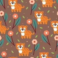 nahtlose musterhandzeichnungskarikatur des tigers und der blume. für Stoffdruck, Textil, Kindertapete vektor