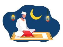 ramadan-nacht mit muslimischem mann, der al quran liest das heilige buch des islams flache illustration moschee bogen hintergrund traditioneller hängender laternenlichtverzierungsvektor vektor