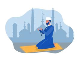 religiöser mann muslimisches gebet in traditioneller kleidung in voller länge vertikale vektorillustration in moscheehintergrundvektorgrafiken vektor
