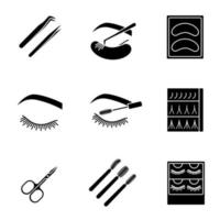 Glyphensymbole für Wimpernverlängerung gesetzt. Silhouettensymbole. Pinzetten, Einweg-Lidschattenpads, geschlossenes Frauenauge, Mascara-Stäbchen, Scheren, Verpackungen für Wimpernverlängerungen. vektor isolierte illustration