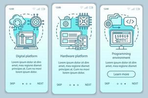 computertechnologie beim onboarding der mobilen app-seitenbildschirm-vektorvorlage. Softwareentwicklungsplattform. Walkthrough-Website-Schritte mit linearen Illustrationen. ux, ui, gui smartphone-schnittstellenkonzept vektor