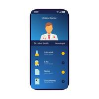 Online-Arztprofil Smartphone-Schnittstelle Vektorvorlage. blaues Design-Layout der mobilen App-Seite. virtueller Termin, Beratung, Verschreibungsbildschirm für Medikamente. flache ui für die anwendung. Telefondisplay vektor