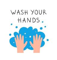 handtvätt. två händer med vatten och bokstäver tvätta händerna. handritad vektorillustration. vektor