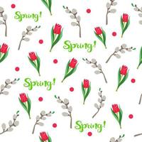 sömlösa vårmönster av påskpil, röd tulpan med inskription våren. vår, påsk, vårblommor tulpan, vide grenar. för design av presentpaket, tyg, webbplatser, vektor, eps 10 vektor
