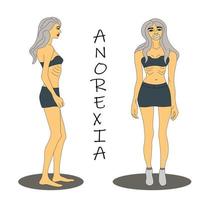 kvinna som lider av anorexi, kraftig viktminskning. kvinnans tunna kropp ses rakt och från sidan. mycket tunn brunett med konsekvenserna av anorexisyndrom. sjukdom bulimi. vektor. eps 10 vektor