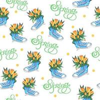nahtloses Frühlingsmuster von Turnschuhen mit gelben Tulpen und Aufschrift Frühling. gelbe kreise, ostern, frühlingsblumen, tulpen, schuhe. für Geschenkverpackungen, Stoffe, Servietten, Vektor, Folge 10 vektor