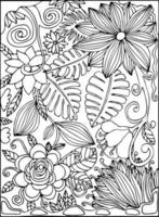 svart och vit tunn linje handritad vykort med tropiska blommor, djungel, palmblad, tropisk trädgård. målarbok sida. vektor