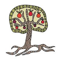 Fantasy-Doodle handgezeichneter Apfelbaum mit Wurzeln isoliert auf weißem Hintergrund. vektor