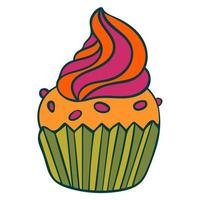 süße bunte handgezeichnete Cupcake-Symbol. Kuchen aus schwarzer dünner Linie Kontur isoliert auf weißem Hintergrund. Gestaltungselement. vektor
