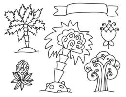 uppsättning av tropiska växter, vektor kontur objekt, svart vektor doodle ritningar isolerad på vit bakgrund
