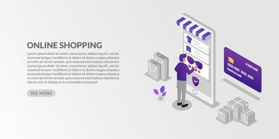 isometrischer mann vor handy-shopping online, sichere digitale zahlungstransaktion vektor