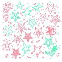 en uppsättning färgglada söta stjärnor. föremål av olika former, storlekar och mönster. handritade element. doodle stil vektor. vektor