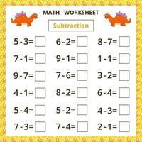 Mathe-Arbeitsblatt. Subtraktion. Lernspiel für Kinder. vektor