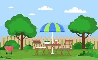 hus bakgård med möbler, träd, buskar, gräsmatta, blommor. relax zone med bord, chears, grill. vektor illustration i platt stil.