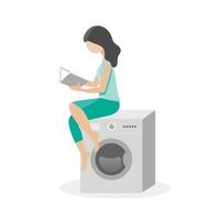 eine junge hausfrau sitzt auf einer waschmaschine und liest ein buch. hausarbeit. pause, pause, entspannung. liebe zu büchern. flache vektorillustration auf weißem hintergrund vektor