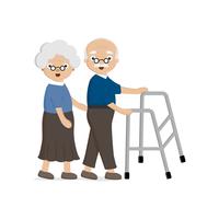 Senior äldre par. Gammal kvinna hjälper en äldre man att gå med en vandrare. vektor