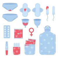 weibliche Hygieneartikel. Menstruation. Set von Menstruationsartikeln. Menstruationstassen, Tampons, Verhütungsmittel, Binden, Slips, Schwangerschaftstest. vektor