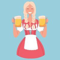 kvinna pub servitris i tysk traditionell kostym med oktoberfest öl muggar. oktoberfest flicka i bayersk dirndl. vektor