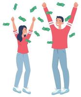 rika människor som kastar sedlar och hoppar. flygande papperspengar. glad man och kvinna vann på lotto. glädje av rika karaktärer. vektor illustration på en vit bakgrund.