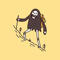 grim reaper skalle som klättrar på berget, illustration för t-shirt, affisch, klistermärke eller klädesplagg. med retro tecknad stil. vektor