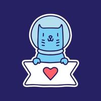 söt astronaut katt maskot karaktär håller kärlek tecken. illustration för klistermärke och t-shirt. vektor