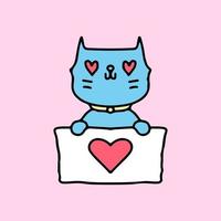 söt kattmaskot håller kärlekstecken. illustration för klistermärke och t-shirt. vektor