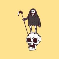 grim reaper stående på skallehuvud, illustration för t-shirt, affisch, klistermärke eller klädesplagg. med retro tecknad stil. vektor