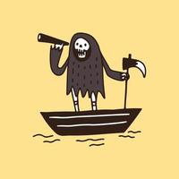 grim reaper skalle på båten och hålla kikare, illustration för t-shirt, affisch, klistermärke eller kläder varor. med retro tecknad stil. vektor