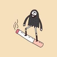 grim reaper-skalle med ett öga och ridande cigarett, illustration för t-shirt, klistermärke eller klädesplagg. med retro tecknad stil. vektor