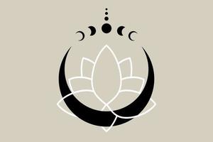 Lotusblume auf Halbmond, mystische Mondphasen, heilige Geometrie. Halbmond heidnische Wicca-Göttin-Symbol, Silhouette Wicca-Logo-Vorlage, Energiekreis, Vektor isoliert auf altem Vintage-Hintergrund