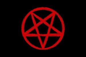 Pentagramm-Pentacle-Wicca-Stern, roter Pinselstil, handgezeichnete Tätowierung, satanische okkulte Zeichen und mystisches Symbol, Vektor einzeln auf schwarzem Hintergrund
