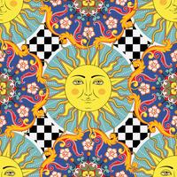 Sömlös ljus bakgrund. Färgrik etnisk rund prydnads mandala, sol med mänskligt ansikte symbol på rutigt mönster. Trendig stil. Vektor illustration