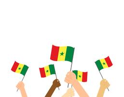 Vector Illustration von den Händen, die Senegal-Flaggen lokalisiert auf weißem Hintergrund halten