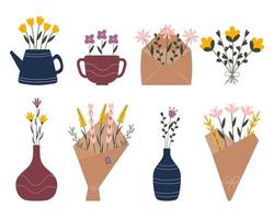 Frühlingsgartenblumen, Blumensträuße in Vase, Topf, Keramikbecher und Papier. hand gezeichnetes florales element. botanische florale natürliche sammlung von sträußen im trendigen modernen stil für hochzeit, karten, einladung. vektor