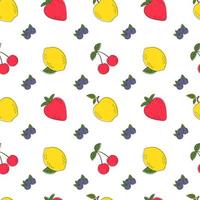seamless mönster med färgglada färska frukter äpple, citron, blåbär och körsbär. vektorillustrationer för presentpapper, textil, utskrift. sött sommarmönster i trendig stil. vektor
