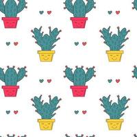 kaktusar. sömlös vektormönster med söt tecknad kaktus och hjärtan. romantiskt och kärlekstryck för presentpapper, textil. suckulenter i leende blomkrukor. trendig modern design. vektor