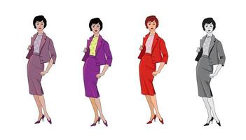 snygga modeklädda tjejer 1950-tal 1960-talsstil. retro modefest. vintage mode silhuetter från 60-talet. vektor