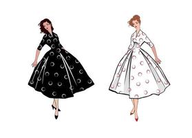 stilvoll gekleidete Mädchen im Stil der 1950er Jahre. Retro-Mode-Kleid-Party. Sommerkleidung Vintage Frau Mode Silhouette aus den 60er Jahren. zwei frauen im sommerferienkleid. vektor