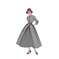 Retro-Mode gekleidete Frau im Stil der 1950er Jahre. stilvolle junge Dame in Vintage-Kleidung. Herbstmode-Party-Silhouetten aus den 60er Jahren.