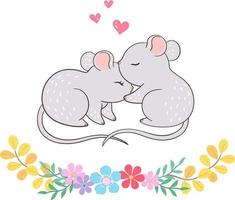 zwei kleine Mäuse küssen sich, geschmückt mit Blumen vektor