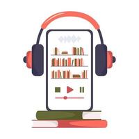 Logo von Hörbüchern. Bildschirm von Tablet oder Smartphone mit Büchern und Kopfhörern. Konzept der elektronischen Bibliothek, Fernunterricht, Bildung. Logo der App für digitale Online-Bücher vektor
