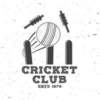 cricketklubbmärke. vektor. koncept för skjorta, tryck, stämpel eller tee. vintage typografi design med wicket, borgen och cricket boll siluett. mallar för sportklubb. vektor