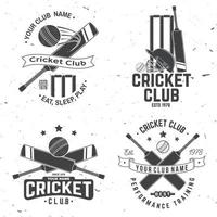 uppsättning cricketklubbmärken. vektor. koncept för skjorta, stämpel eller tee. vintage typografi design med cricket boll, wicket, borgen och hjälm siluett. mallar för sportklubb. vektor