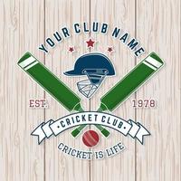 Cricket-Club-Abzeichen. Vektor. konzept für hemd, druck, stempel oder t-stück. Vintage-Typografie-Design mit Kricketschläger, Helm und Ballsilhouette. Vorlagen für Sportverein. vektor