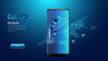 Abstrakte Cloud-Technologie mit Smartphone- und Schnittstellenkonzeptverbindung durch Sammeln von Daten in der Cloud mit großen Datenspeichersystemen auf der ganzen Welt. vektor
