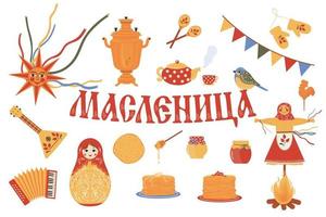 maslenitsa eller shrovetide vektor set, rysk semester karneval. rysk inskription maslenitsa.